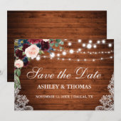 Rustic Burgundy Floral Lace Wood Save the Date (Voorkant / Achterkant)