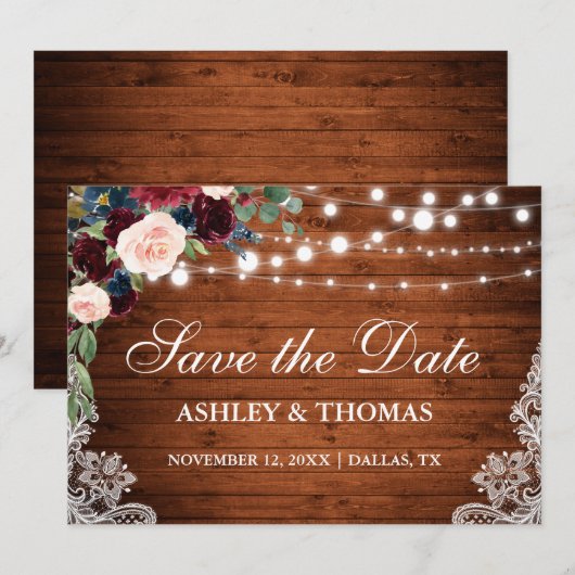 Rustic Burgundy Floral Lace Wood Save the Date (Voorkant / Achterkant)