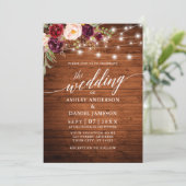 Rustic Burgundy Floral Lights Calligrafie Weddensc Kaart (Staand voorkant)