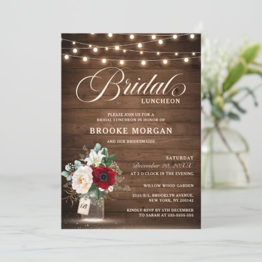 Rustic Burgundy Floral Mason Jar Bridal Luncheon Kaart (Staand voorkant)