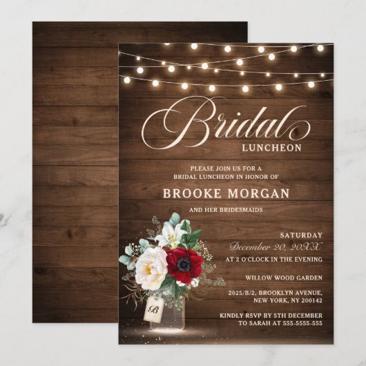 Rustic Burgundy Floral Mason Jar Bridal Luncheon Kaart (Voorkant / Achterkant)