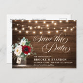 Rustic Burgundy Floral Mason Jar Save the Date Briefkaart (Voorkant / Achterkant)