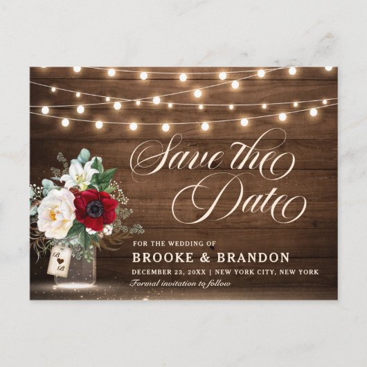 Rustic Burgundy Floral Mason Jar Save the Date Briefkaart (Voorkant)