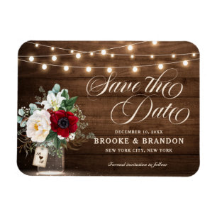 Rustic Burgundy Floral Mason Jar Save the Date Magneet