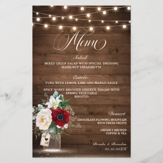 Rustic Burgundy Floral Mason Jar Wdding Menu (Voorkant)
