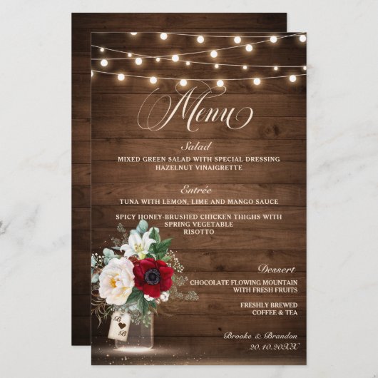 Rustic Burgundy Floral Mason Jar Wdding Menu (Voorkant / Achterkant)