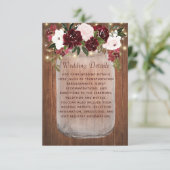 Rustic Burgundy Floral Mason Jar Wedding Details Informatiekaartje (Staand voorkant)