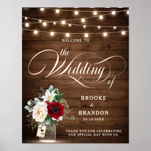 Rustic Burgundy Floral Mason Jar Wedding Welkom Poster (Voorkant)