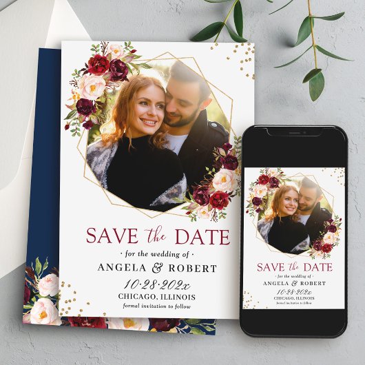 Rustic Burgundy Floral Navy Gold Geometric Foto Save The Date