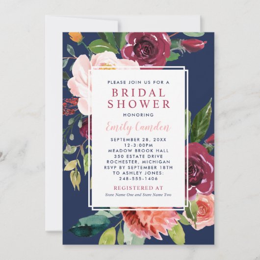 Rustic Burgundy Floral Navy Wedding Vrijgezellenfe Kaart (Voorkant)