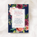 Rustic Burgundy Floral Navy Wedding Vrijgezellenfe Kaart<br><div class="desc">Deze rijke en elegante stijl bruiloft brudal-doucheuitnodiging bevat stijlvolle tekst die is omgeven door een stijlvolle waterverf met rozen, dahlias, pony-bloemen en groen in een prachtig palet van wogoerrood, goudgeel, perzikkleurig sinaasappel, wazige roze en groene tinten met een middernacht/marineblauw achtergrond. Pas de douanetekst met de de naam, de gebeurtenis, en...</div>