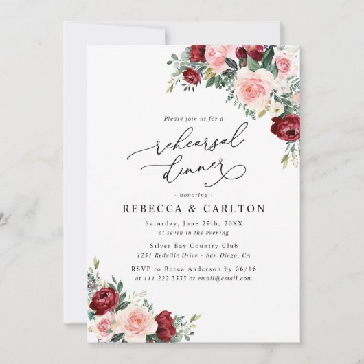 Rustic Burgundy Floral repesal Dinner Invitation Kaart (Voorkant)