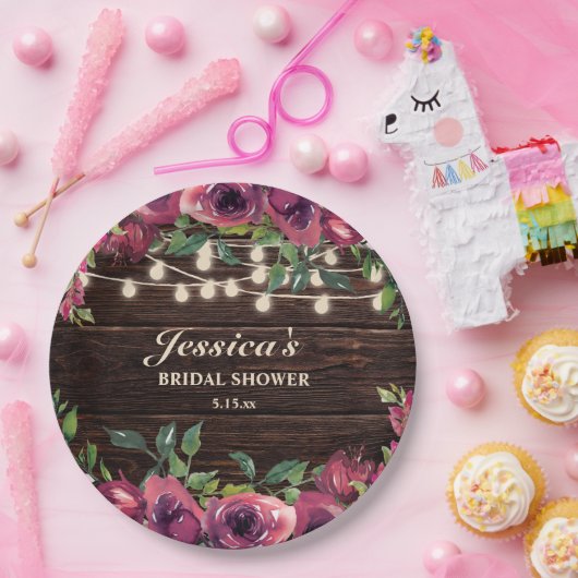 Rustic Burgundy Floral String Lights Vrijgezellenf Papieren Bordje (Feest)