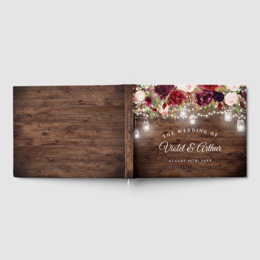 Rustic Burgundy Floral String Lights Wedding Gastenboek (Volledig)