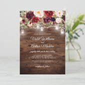 Rustic Burgundy Floral String Lights Wedding Kaart (Staand voorkant)