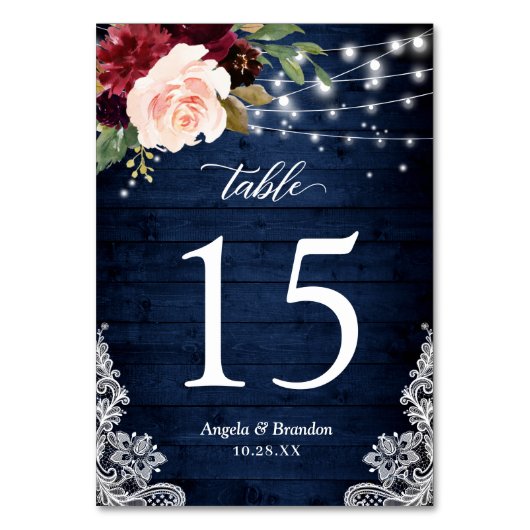 Rustic Burgundy Floral String Lights Wedding Kaart (Voorkant)