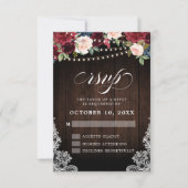 Rustic Burgundy Floral String Lights Wedding RSVP Kaartje (Voorkant)