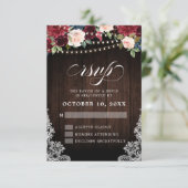 Rustic Burgundy Floral String Lights Wedding RSVP Kaartje (Staand voorkant)