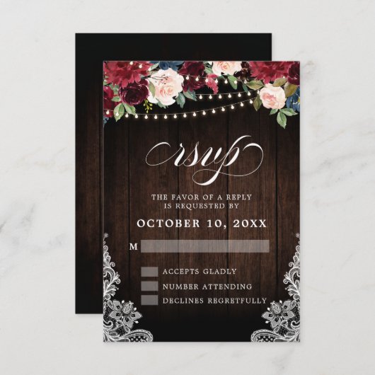 Rustic Burgundy Floral String Lights Wedding RSVP Kaartje (Voorkant / Achterkant)