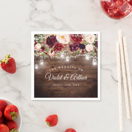 Rustic Burgundy Floral String Lights Wedding Servet (Insitu)