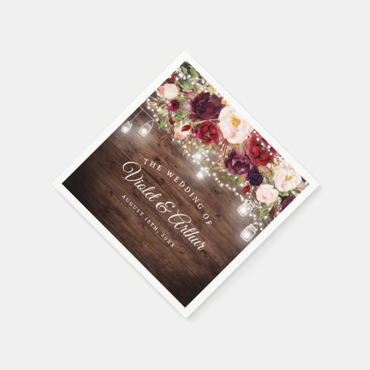 Rustic Burgundy Floral String Lights Wedding Servet (Hoek)