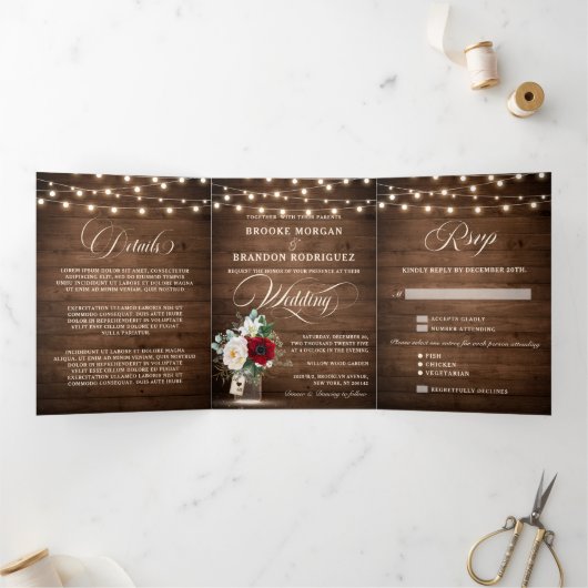 Rustic Burgundy Floral Tri-Fold Wedding Invitation Drieluik Programma (Binnen)