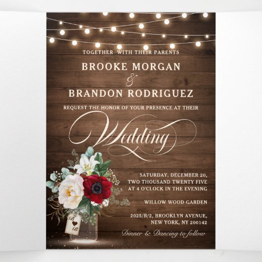 Rustic Burgundy Floral Tri-Fold Wedding Invitation Drieluik Programma (Binnenkant midden)