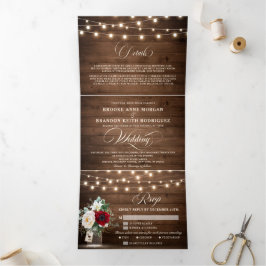 Rustic Burgundy Floral Tri-Fold Wedding Invitation Drieluik Programma