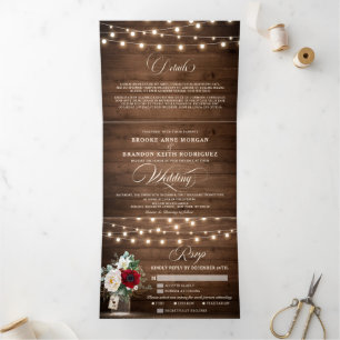 Rustic Burgundy Floral Tri-Fold Wedding Invitation Drieluik Programma