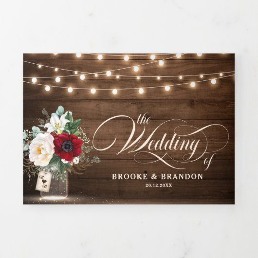 Rustic Burgundy Floral Tri-Fold Wedding Invitation Drieluik Programma (Cover)