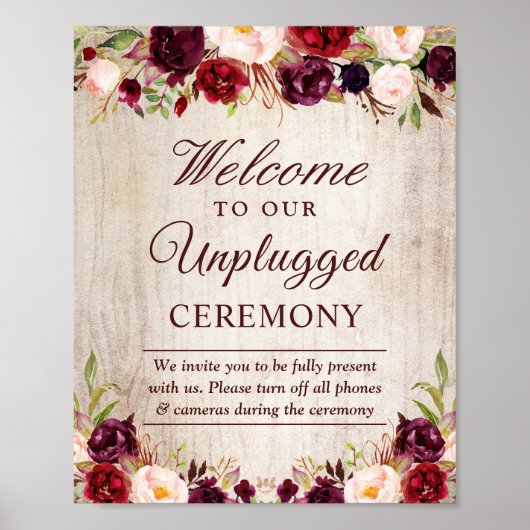 Rustic Burgundy Floral Unplugged Wedding Ceremony Poster (Voorkant)
