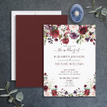 Rustic Burgundy Floral Waterverf Weddenschap Kaart<br><div class="desc">Deze prachtige,  romantische,  roemrijke,  florale waterverf bruiloft-uitnodiging bevat een sumptueuze florale druppel,  met roemrijke,  moderne stijl uitnodigingstekst met handgeschreven script typografie. De achterkant van de uitnodiging is voorzien van een rijke woeste textuur,  om het prachtige ontwerp te voltooien. Copyright Elegant nodigt uit,  alle rechten voorbehouden.</div>