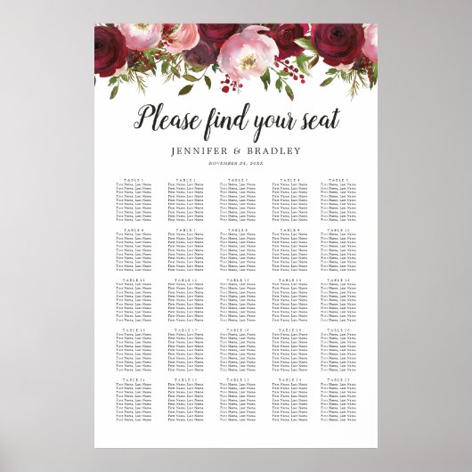 Rustic Burgundy Floral Wedding 25-tabel Poster (Voorkant)