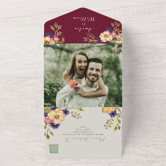 Rustic Burgundy Floral Wedding All In One Uitnodiging (Buitenkant)