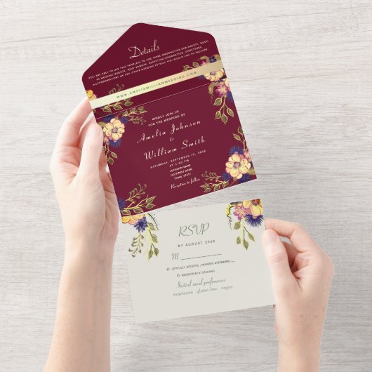 Rustic Burgundy Floral Wedding All In One Uitnodiging (Afscheurbaar)