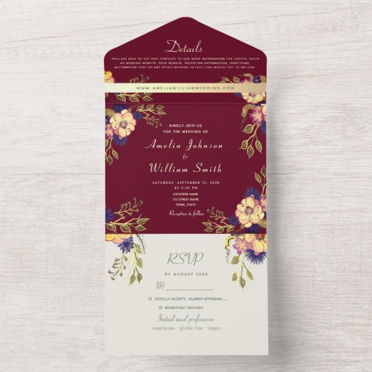 Rustic Burgundy Floral Wedding All In One Uitnodiging (Binnen)
