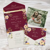 Rustic Burgundy Floral Wedding All In One Uitnodiging