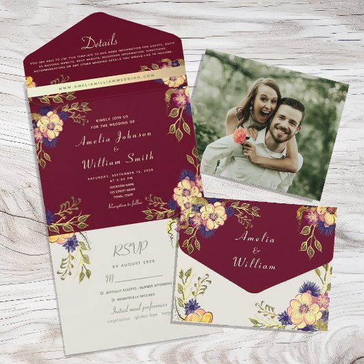 Rustic Burgundy Floral Wedding All In One Uitnodiging