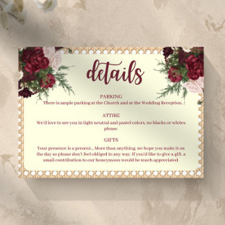 Rustic Burgundy Floral Wedding Details Card RSVP Kaartje