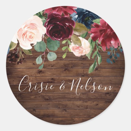 Rustic Burgundy Floral Wedding Engagement Party Ronde Sticker (Voorkant)