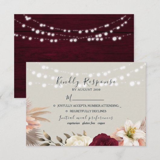Rustic Burgundy Floral Wedding RSVP Kaartje (Voorkant / Achterkant)