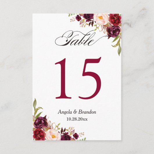 Rustic Burgundy Floral Wedding Table Number Kaart (Voorkant)