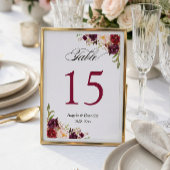 Rustic Burgundy Floral Wedding Table Number Kaart