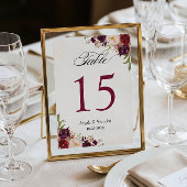Rustic Burgundy Floral Wedding Table Number Kaart