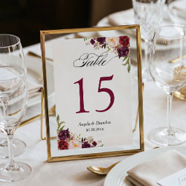 Rustic Burgundy Floral Wedding Table Number Kaart