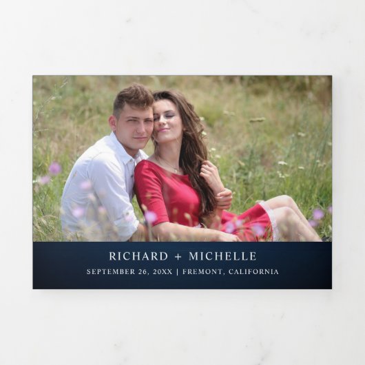 Rustic Burgundy Floral White Pumpkin Navy Wedding Drieluik Uitnodiging (Cover)