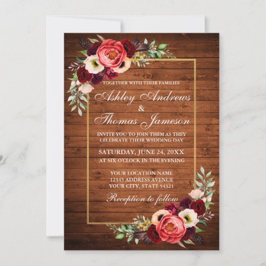 Rustic Burgundy Floral Wood Boho Wedding Invite Kaart (Voorkant)