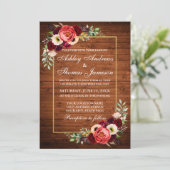 Rustic Burgundy Floral Wood Boho Wedding Invite Kaart (Staand voorkant)