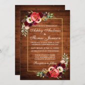 Rustic Burgundy Floral Wood Boho Wedding Invite Kaart (Voorkant / Achterkant)