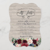 Rustic Burgundy Floral Wood Handwriting Weddenscha Kaart (Voorkant / Achterkant)